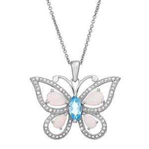 NWT Gemstone Sterling Silver Openwork Butterfly Pendant Necklace